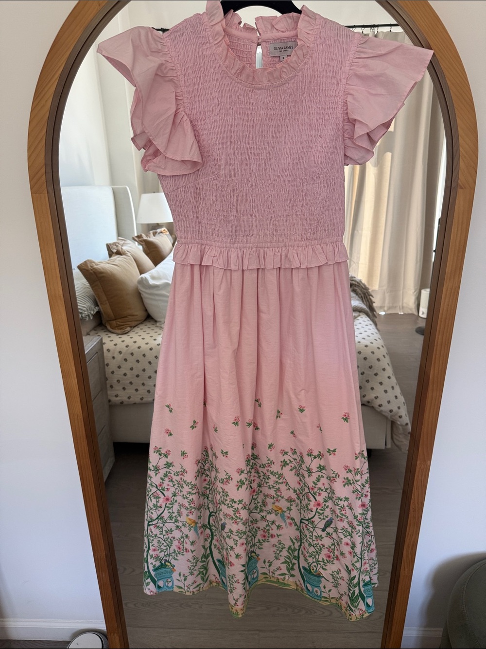 Pink Smocked Maxi Dress with Floral Border
